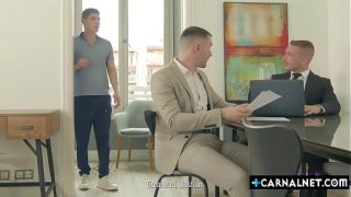 Apolo Adrii and Charlie Cherry work in tandem feeding BAstian KArim their big dicks before ramming his ass with these throbbing meats