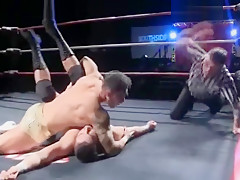 Tatted Irish Muscle Wrestler in Gold Trunks vs Chunky Heel