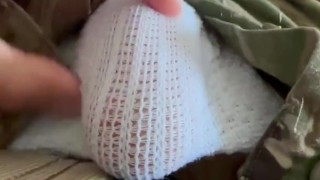 army solider jerks off in shorts and while wearing a jock strap under his military uniform